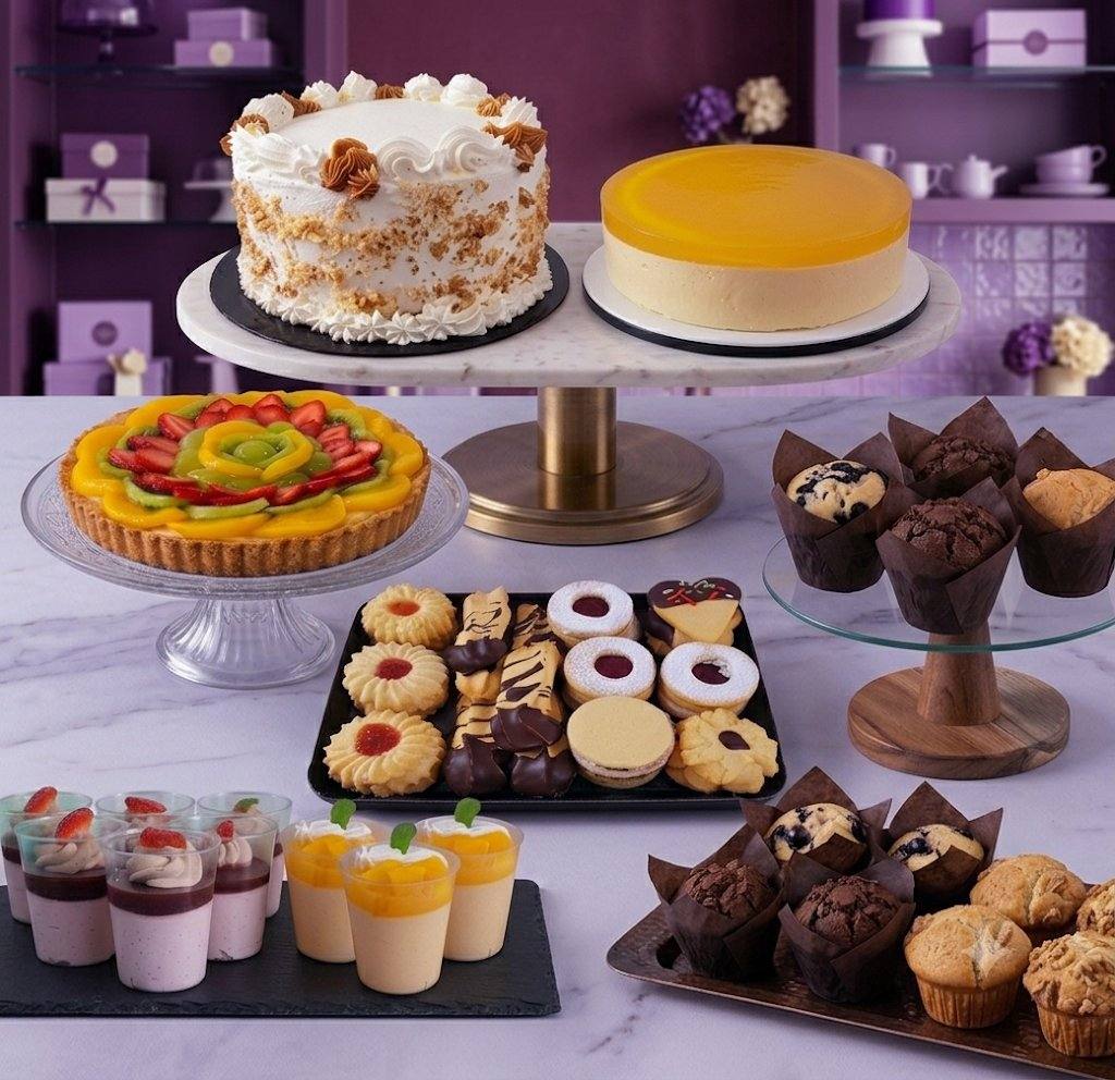 Selección de postres de Dulces Nely: tortas, tartaleta, galletas, muffins y mousse